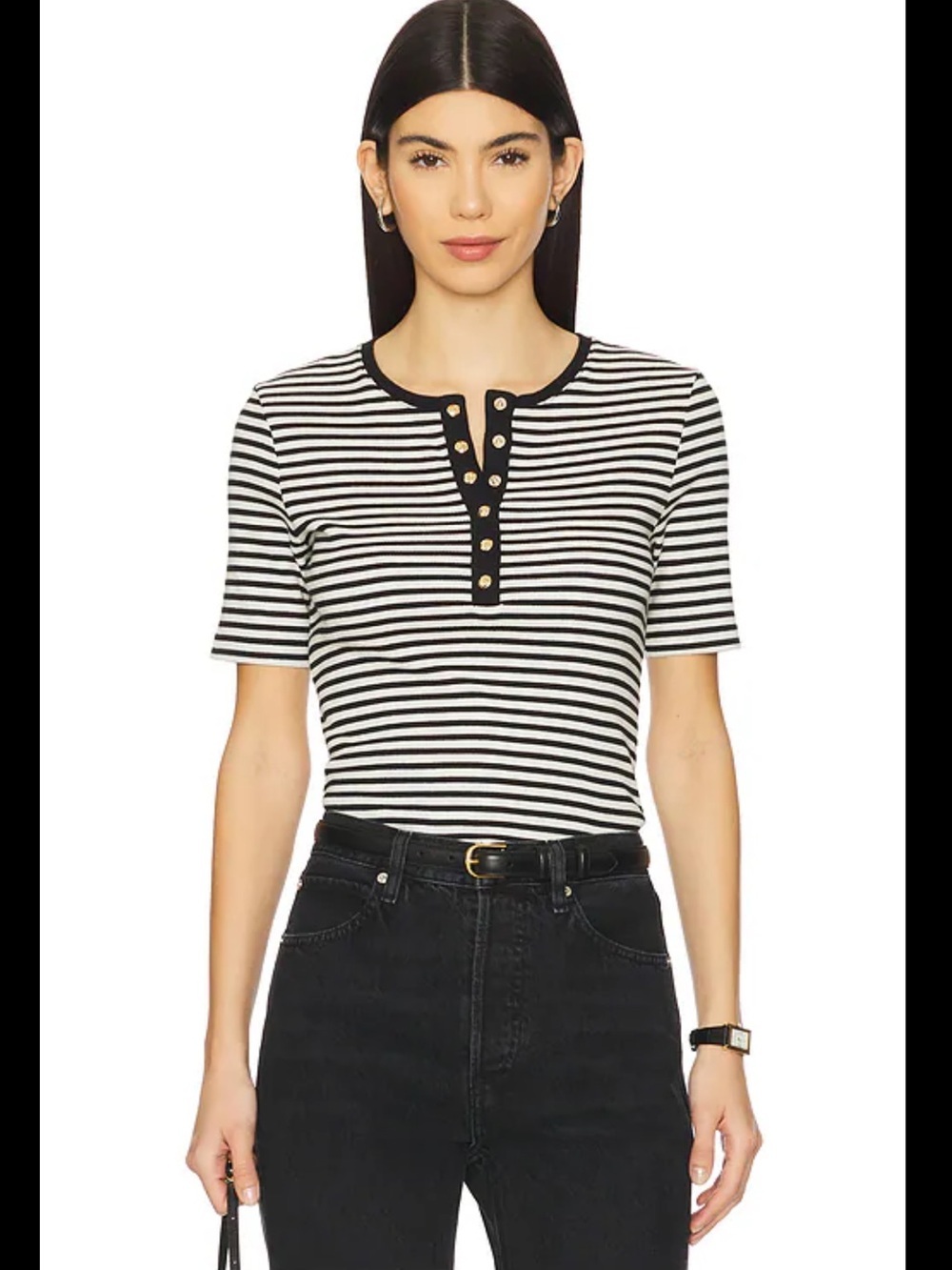 Anine Bing Alessia Tee in Cream & Black Stripe Small - Picture 2 of 9